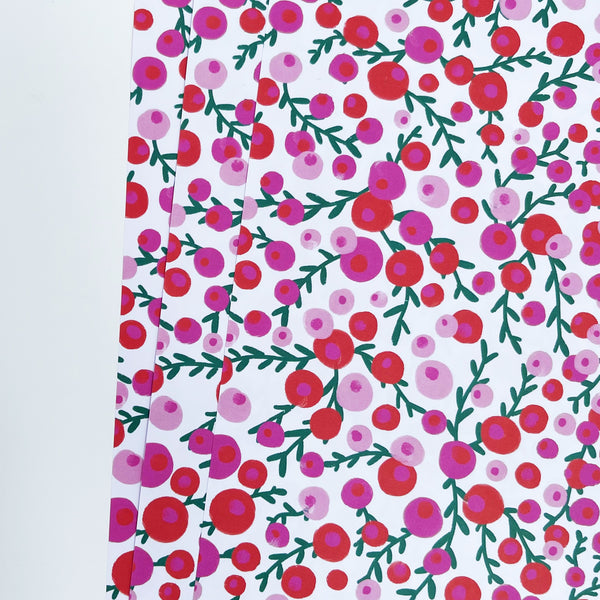 Christmas Red & Pink Berries Recyclable Wrapping Paper Set - WHITE Eco Friendly Gift Wrap and Tags
