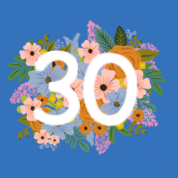 Colourful, Floral 30th Birthday Card - Blue