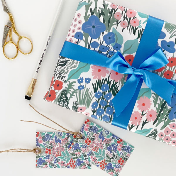 Blue Flower Meadow Recyclable Wrapping Paper Set - BLUE Eco Friendly Gift Wrap & Tags