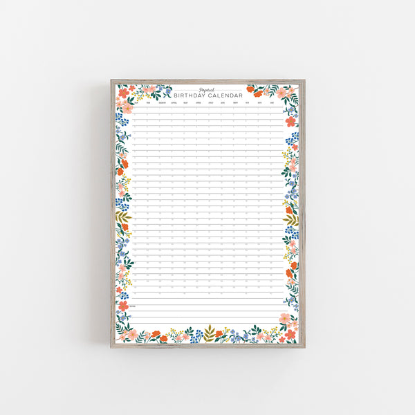 Colourful Floral Perpetual Birthday Wall Planner A2