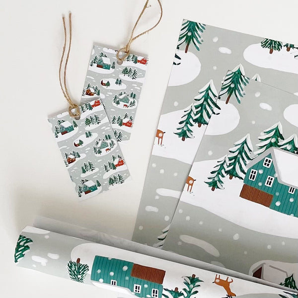 Little Log Cabins in the Snow Recyclable Wrapping Paper Set & Tags