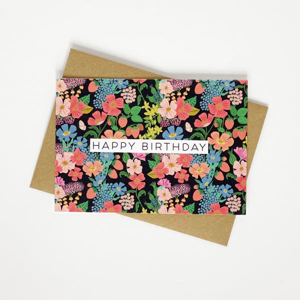 Happy Birthday Summer Flowers Black Greeting Card