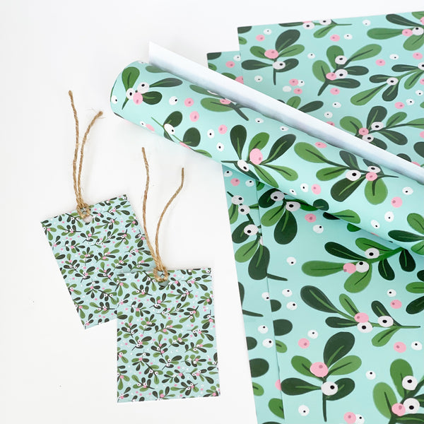 Christmas AQUA Mistletoe Gift Wrap & Tags