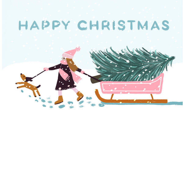 Girl with Pink Sledge - Happy Christmas