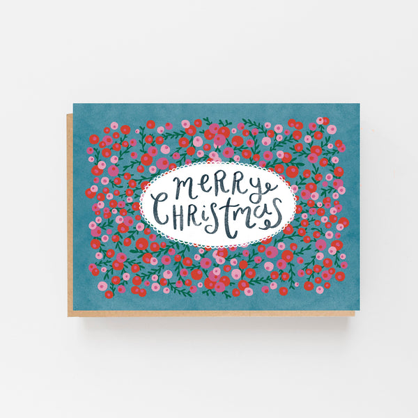 Merry Christmas - Pink & Red Berries - Set of 8 Cards Boxed