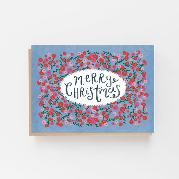 Merry Christmas - Pink & Red Berries - Set of 8 Cards Boxed