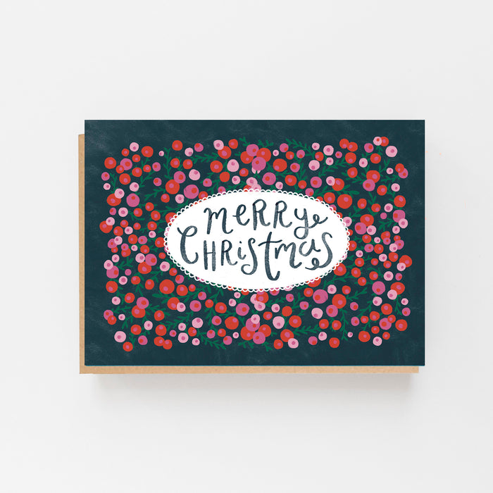 Merry Christmas - Pink & Red Berries - Set of 8 Cards Boxed
