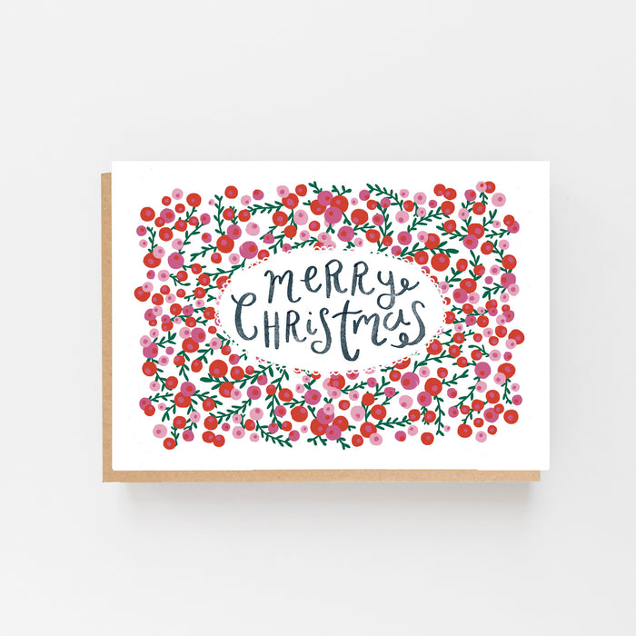 Merry Christmas - Pink & Red Berries - Set of 8 Cards Boxed