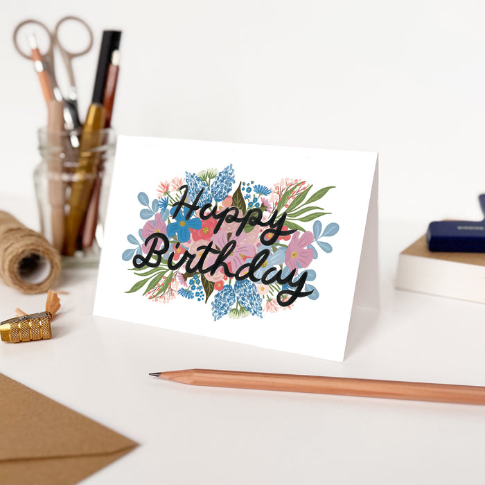 Blue Florals Happy Birthday Card