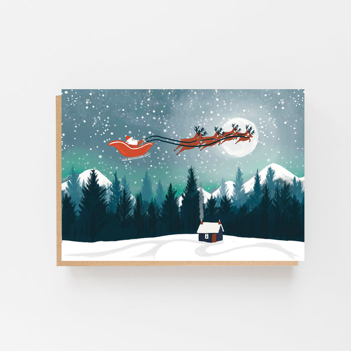 Christmas Santa Moonscape, Mountains Landscape Greeting Card