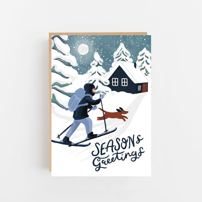 Seasons Greeting's Midnight Moonscape Skiing & Dog