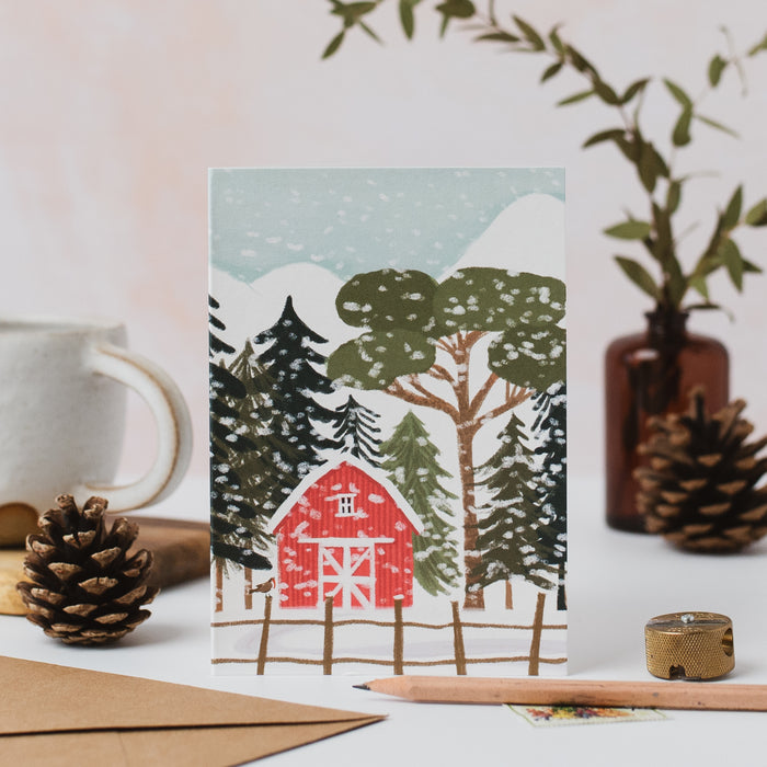 Christmas Card - Red Barn in the snow Portrait