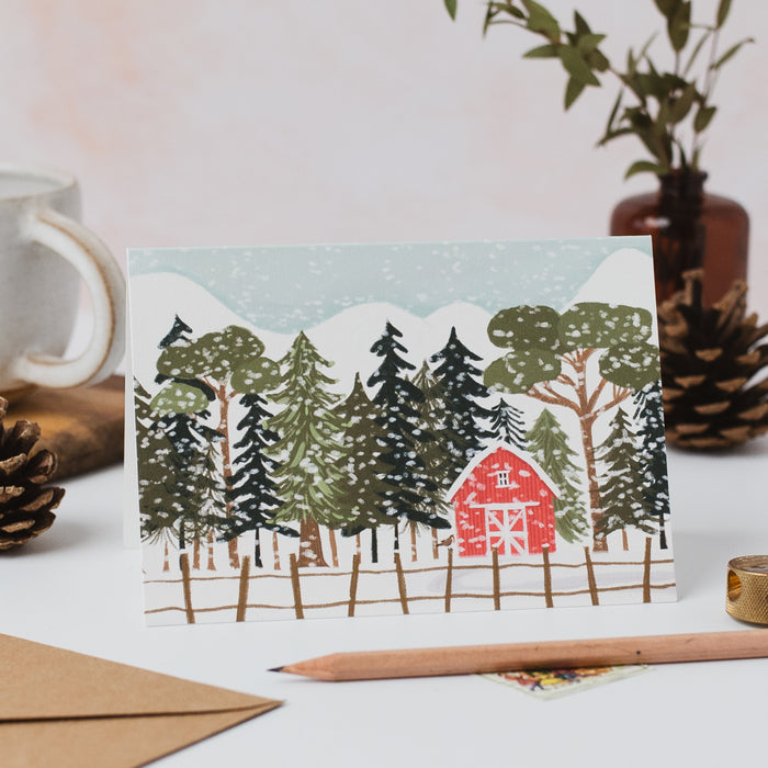 Christmas Card - Red Barn in the snow Landscape