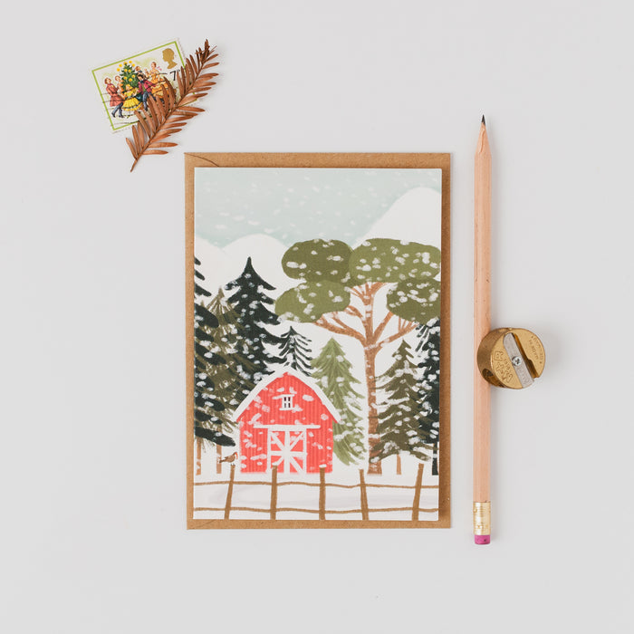 Christmas Card - Red Barn in the snow Portrait