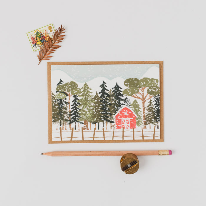 Christmas Card - Red Barn in the snow Landscape