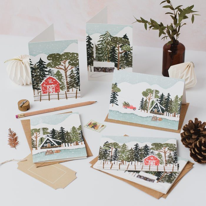 Winter Huts in the Forest with Snowy Mountains Set of 6 Cards