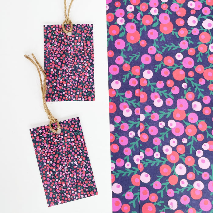 Christmas Red & Pink Berries Recyclable Wrapping Paper Set - MIDNIGHT Eco Friendly Gift Wrap and Tags