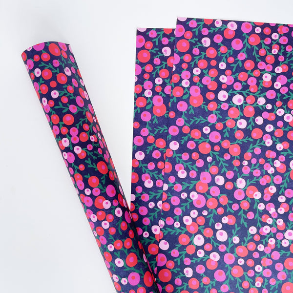 Christmas Red & Pink Berries Recyclable Wrapping Paper Set - MIDNIGHT Eco Friendly Gift Wrap and Tags