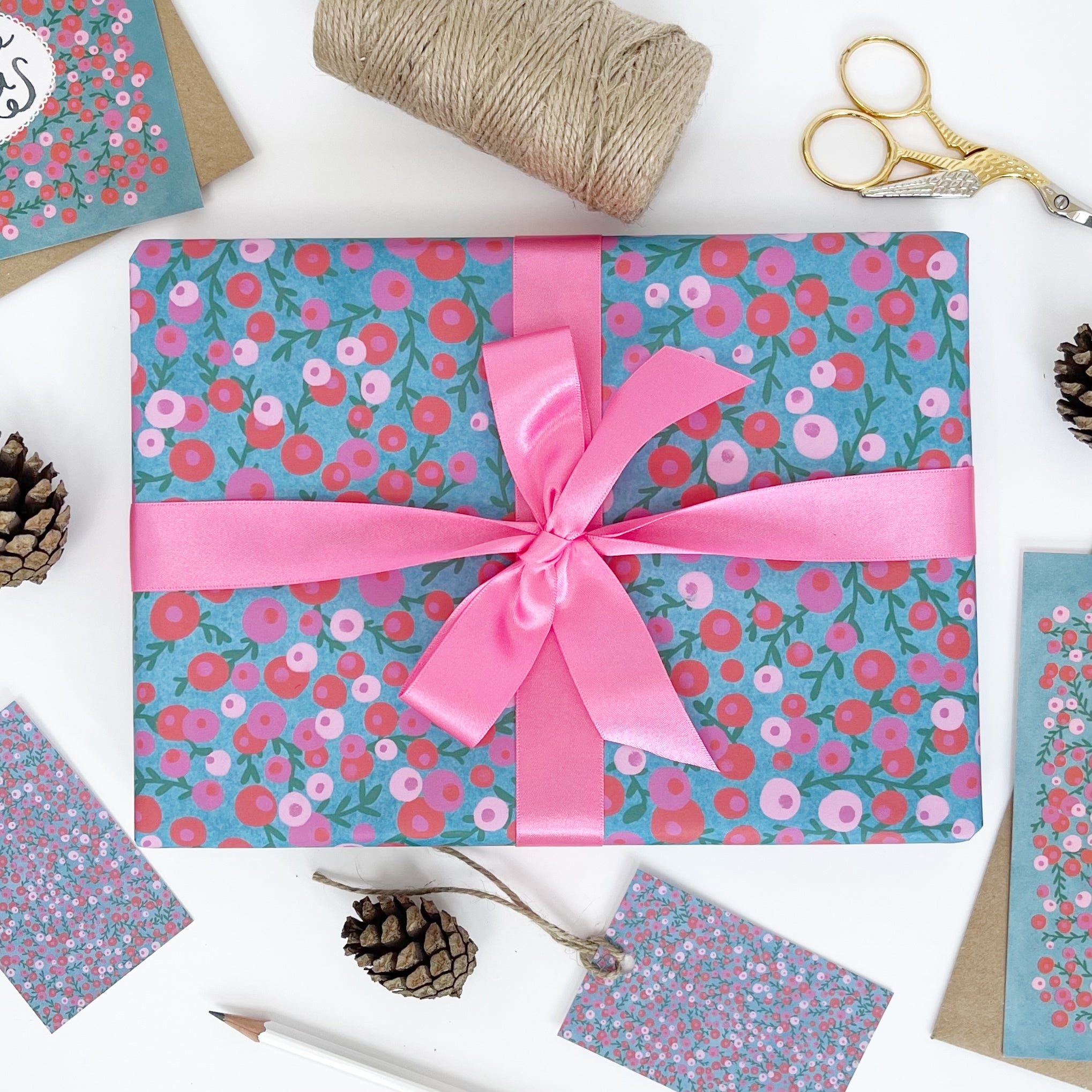 Christmas Red & Pink Berries Recyclable Wrapping Paper Set - AQUA Eco Friendly Gift Wrap and Tags