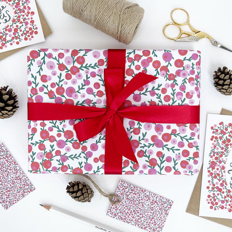 Christmas Red & Pink Berries Recyclable Wrapping Paper Set - WHITE Eco Friendly Gift Wrap and Tags