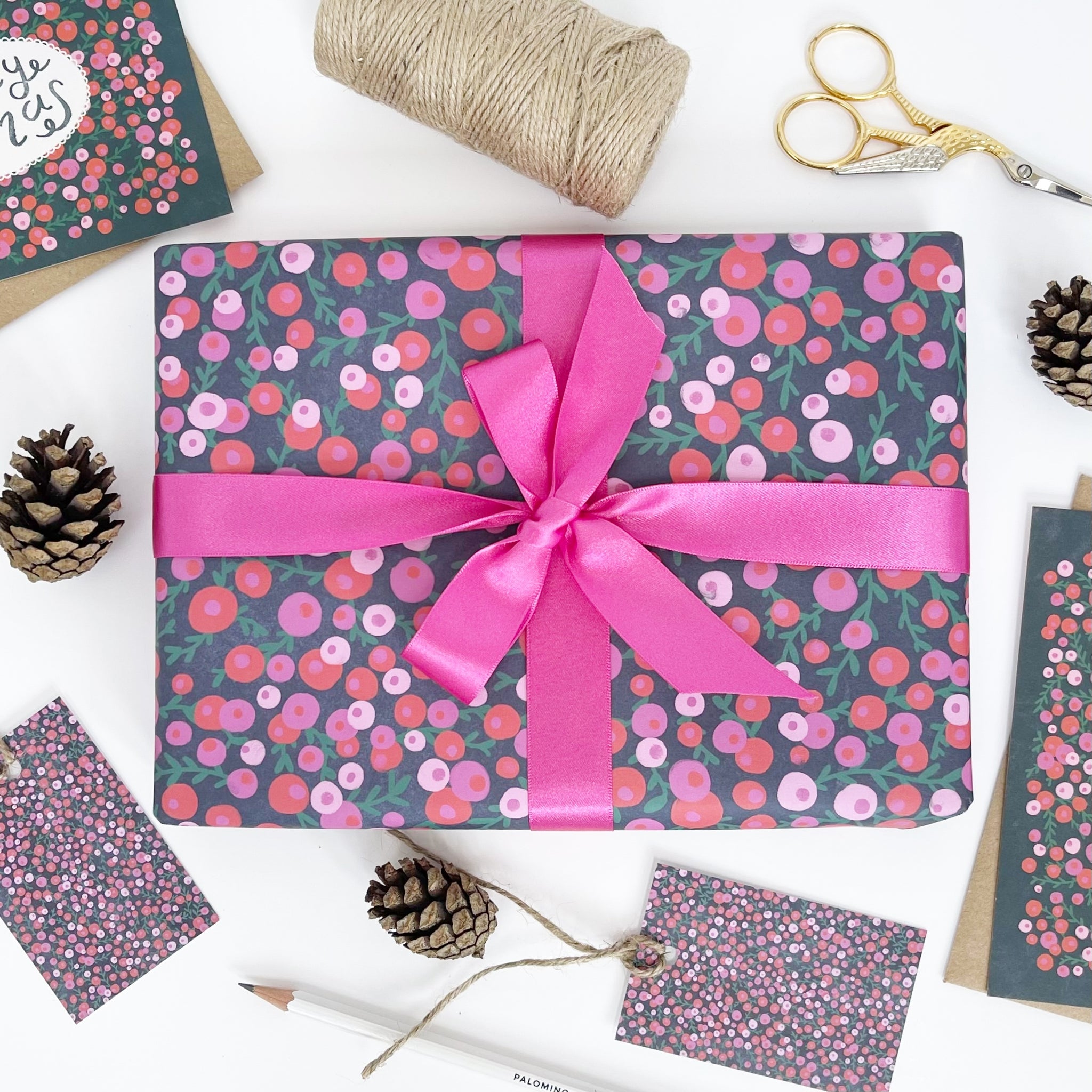 Christmas Red & Pink Berries Recyclable Wrapping Paper Set - MIDNIGHT Eco Friendly Gift Wrap and Tags