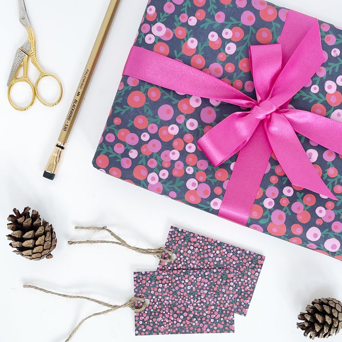 Christmas Red & Pink Berries Recyclable Wrapping Paper Set - MIDNIGHT Eco Friendly Gift Wrap and Tags