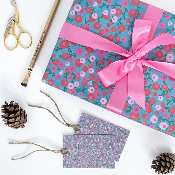 Christmas Red & Pink Berries Recyclable Wrapping Paper Set - AQUA Eco Friendly Gift Wrap and Tags