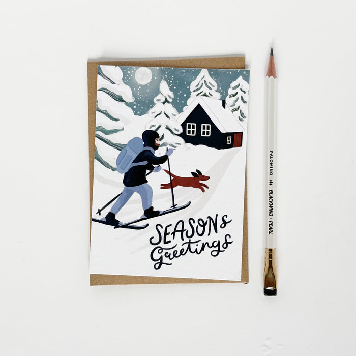 Seasons Greeting's Midnight Moonscape Skiing & Dog