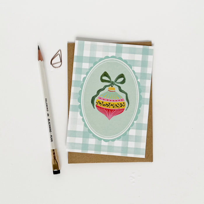 Christmas Bauble - Cheque Green Greeting Card