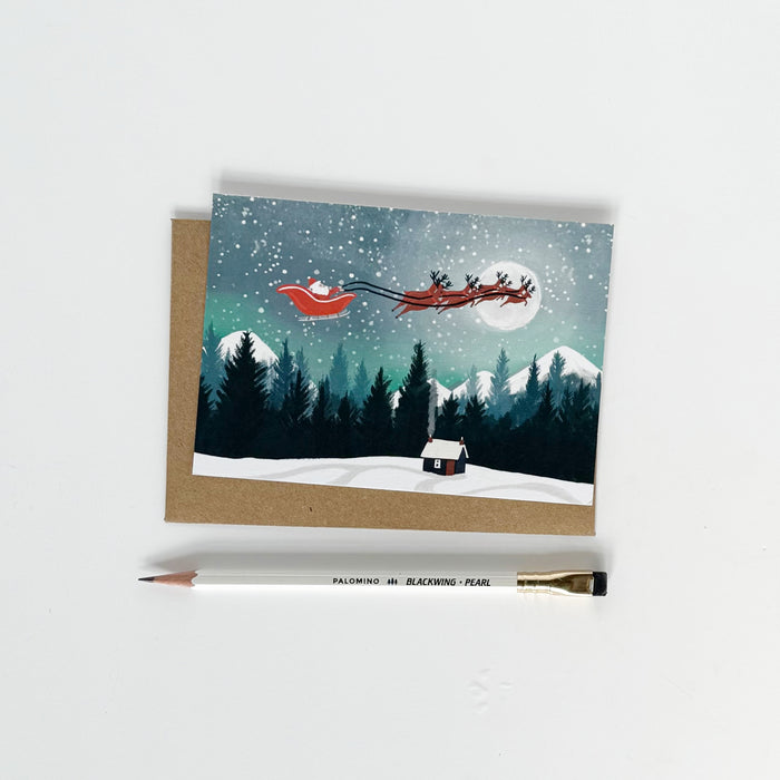 Christmas Santa Moonscape, Mountains Landscape Greeting Card