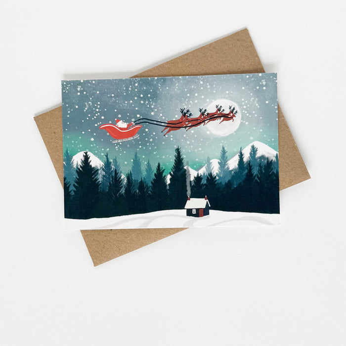 Christmas Santa Moonscape, Mountains Landscape Greeting Card