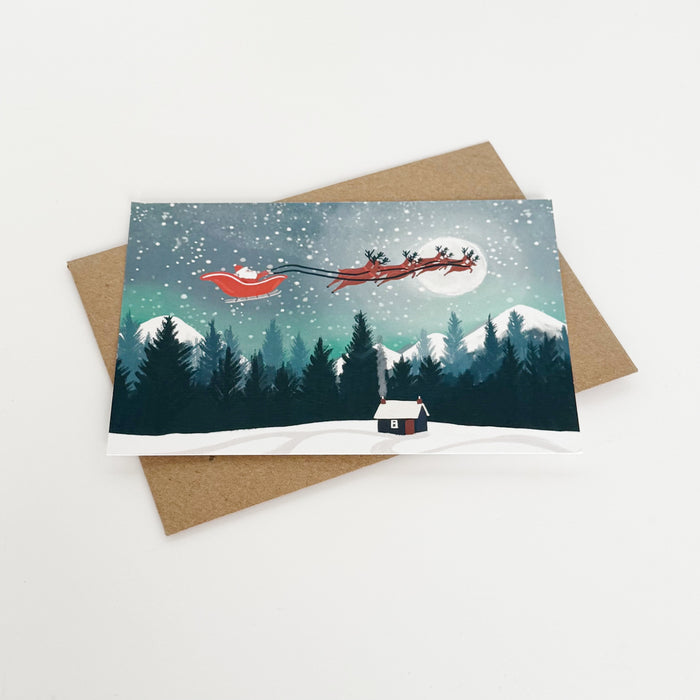 Christmas Santa Moonscape, Mountains Landscape Greeting Card