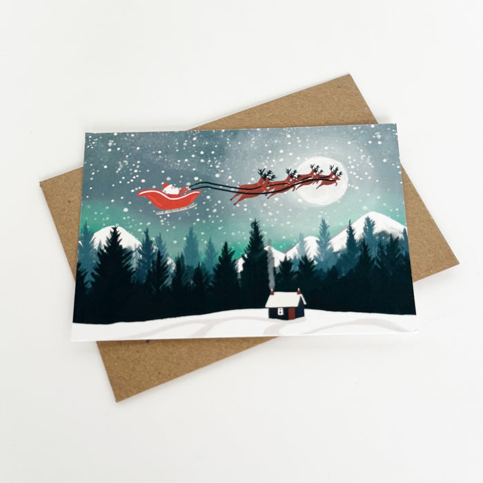 Christmas Santa Moonscape, Mountains Landscape Greeting Card