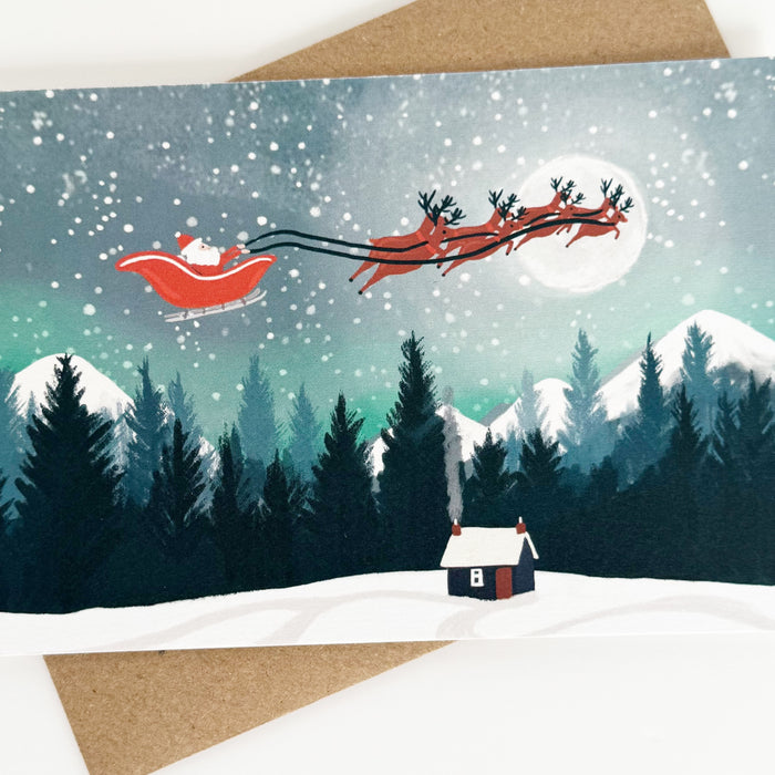 Christmas Santa Moonscape, Mountains Landscape Greeting Card