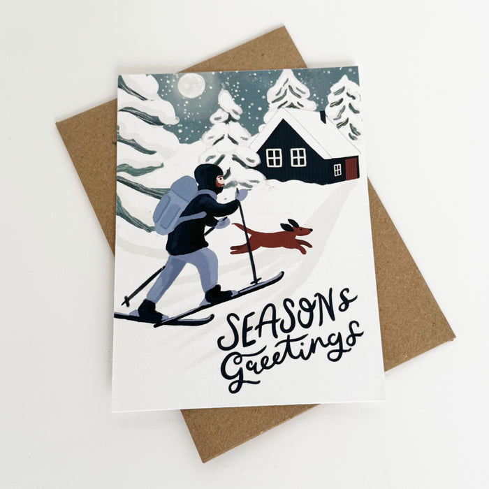 Seasons Greeting's Midnight Moonscape Skiing & Dog