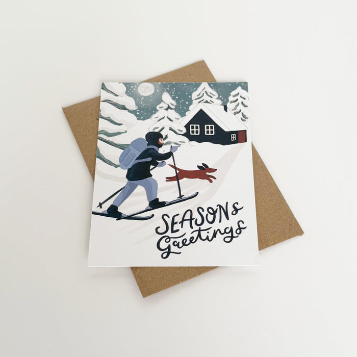 Seasons Greeting's Midnight Moonscape Skiing & Dog