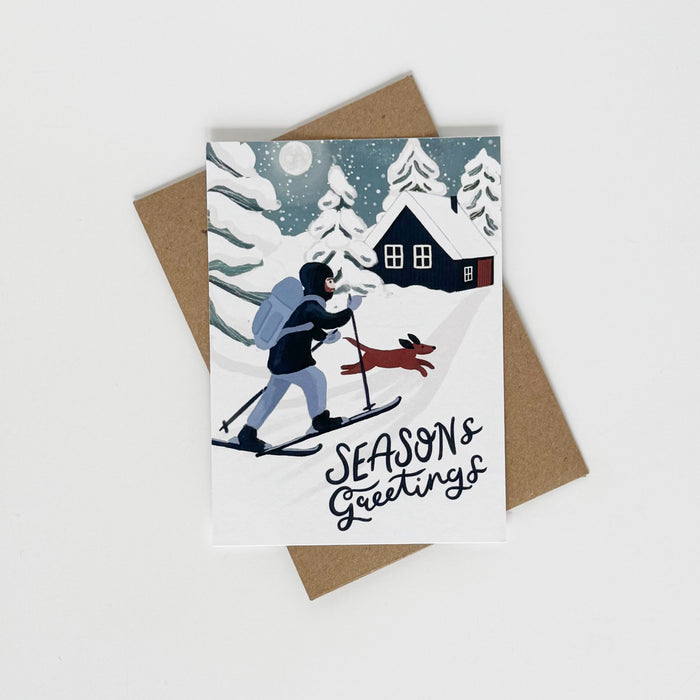Seasons Greeting's Midnight Moonscape Skiing & Dog