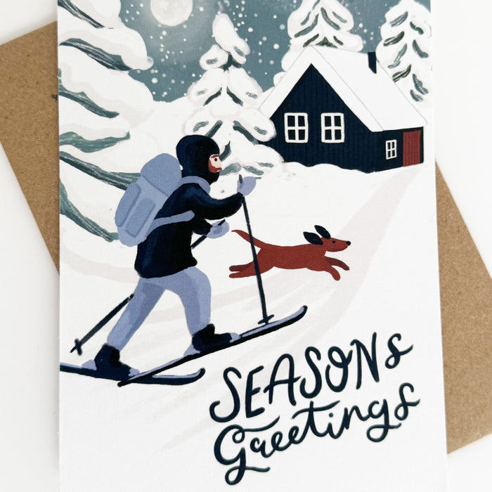 Seasons Greeting's Midnight Moonscape Skiing & Dog