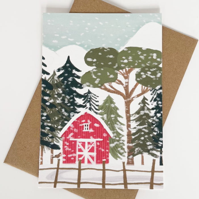 Christmas Card - Red Barn in the snow Portrait