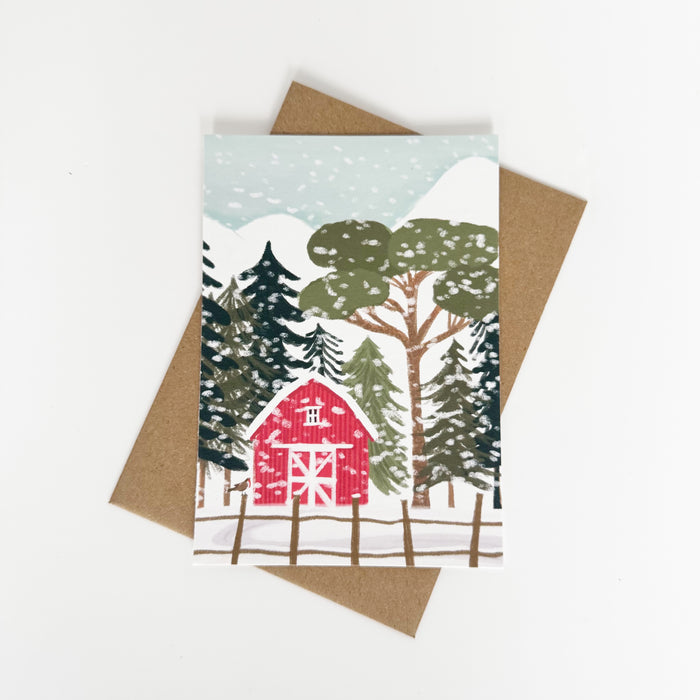Christmas Card - Red Barn in the snow Portrait