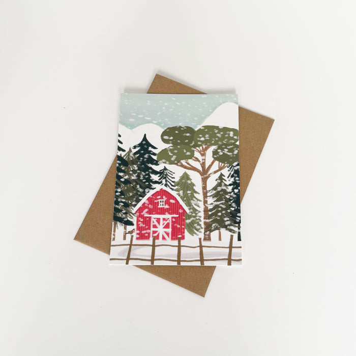 Christmas Card - Red Barn in the snow Portrait