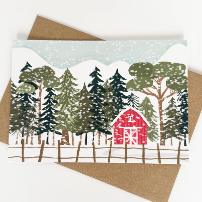 Christmas Card - Red Barn in the snow Landscape
