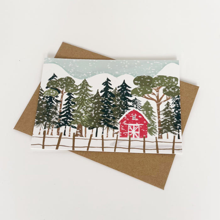 Christmas Card - Red Barn in the snow Landscape