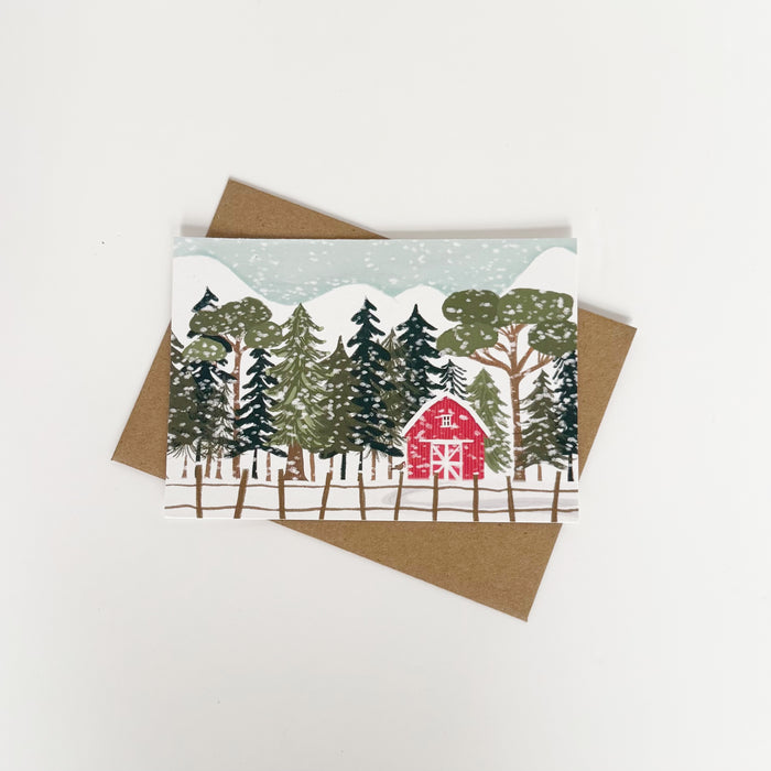 Christmas Card - Red Barn in the snow Landscape