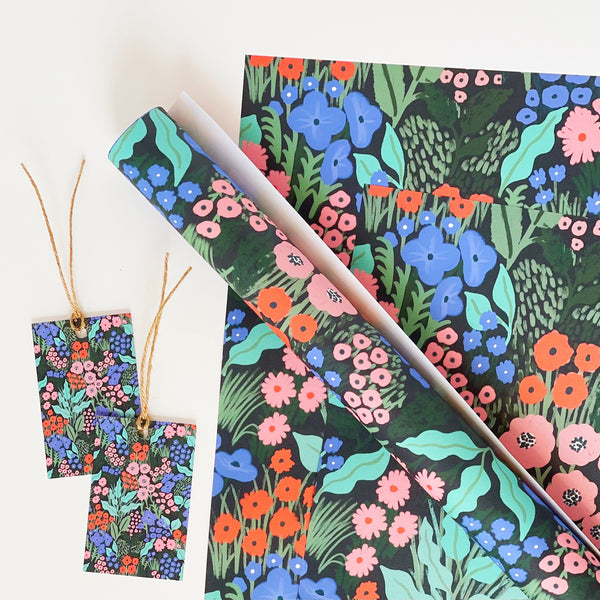 Midnight Blue Flower Meadow Recyclable Wrapping Paper Set - BLUE Eco Friendly Gift Wrap & Tags