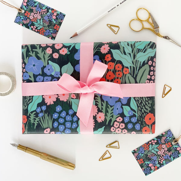 Midnight Blue Flower Meadow Recyclable Wrapping Paper Set - BLUE Eco Friendly Gift Wrap & Tags