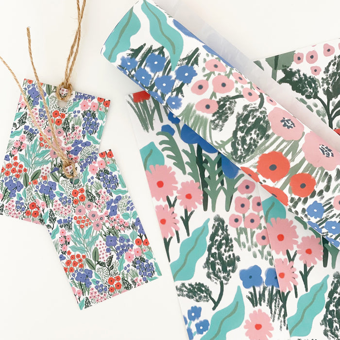 Blue Flower Meadow Recyclable Wrapping Paper Set - BLUE Eco Friendly Gift Wrap & Tags