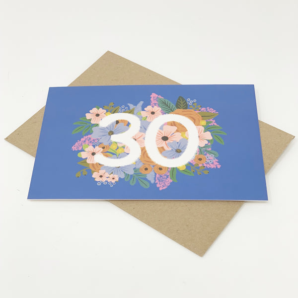 Colourful, Floral 30th Birthday Card - Blue