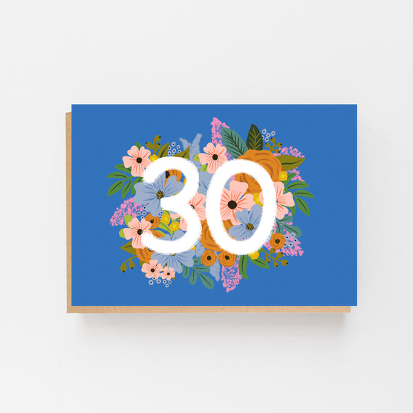 Colourful, Floral 30th Birthday Card - Blue