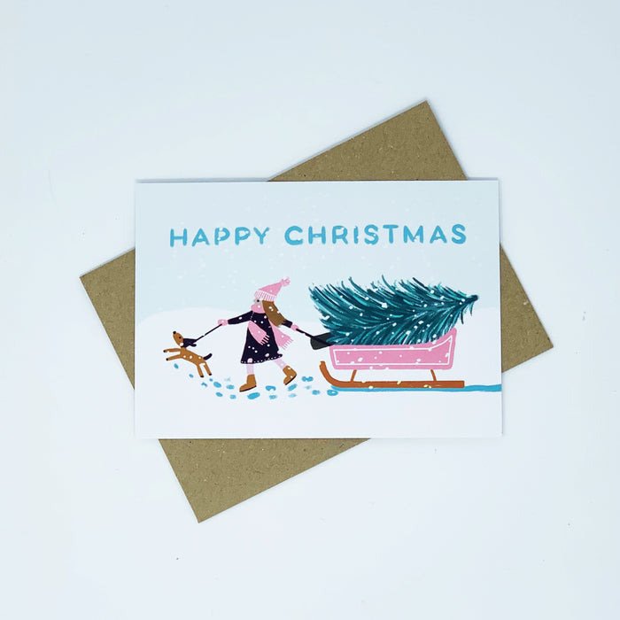 Girl with Pink Sledge - Happy Christmas